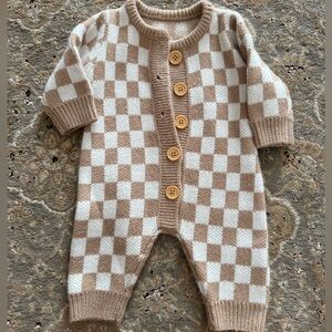 Neutral Checkered Baby One-Piece Knit Romper - Beige & Cream